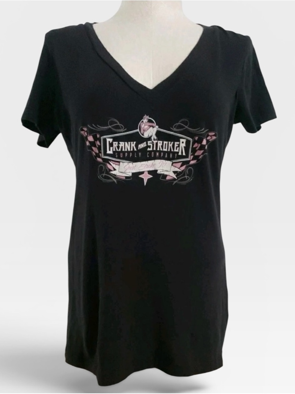 Crank and Stroker Women's Black V-Neck Graphic Tee